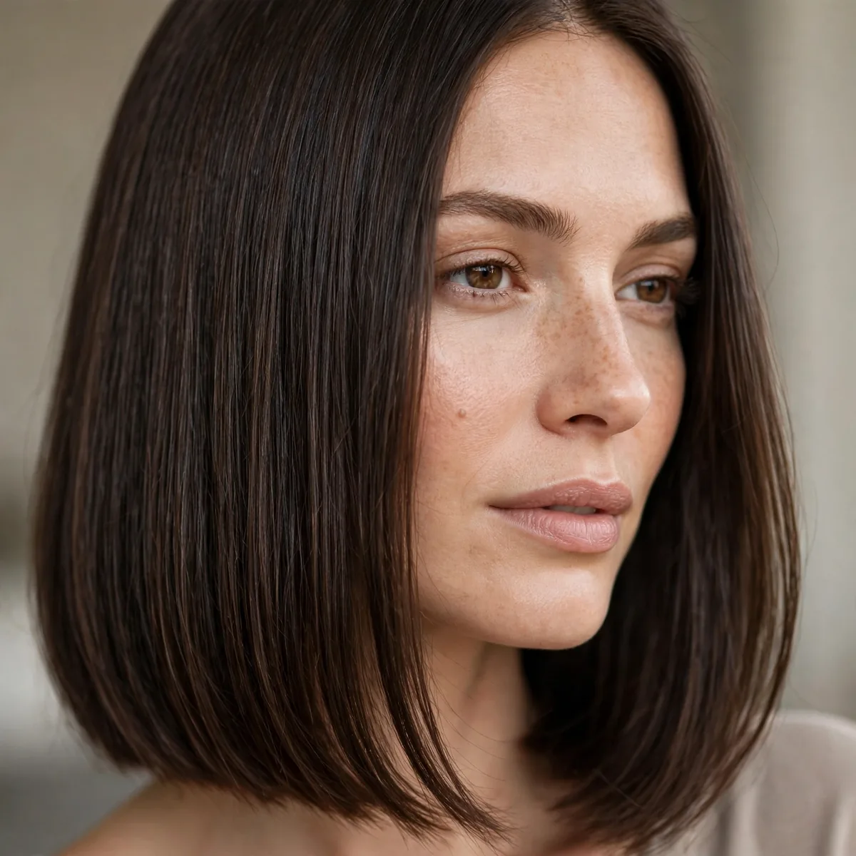 Sleek one length long bob with invisible layers on thick straight hair