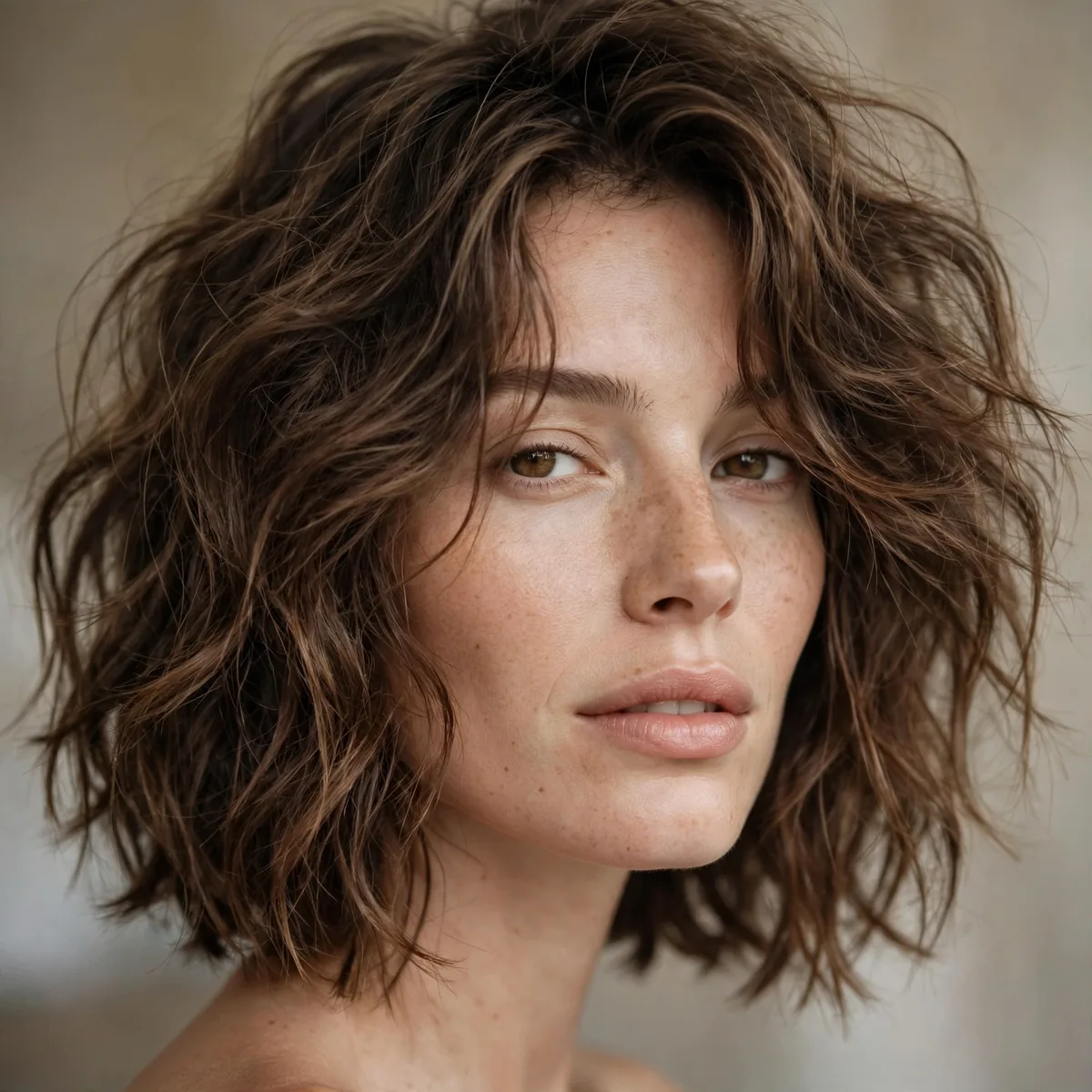 Tousled air dried long bob on thick wavy hair