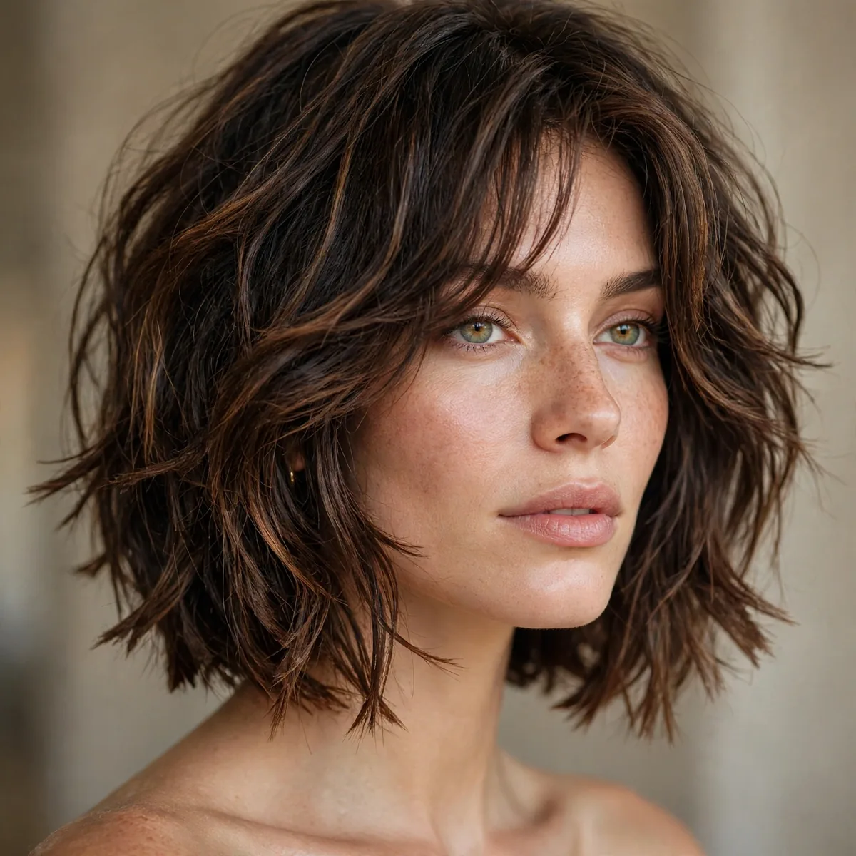 Collarbone length bob with shattered piece-y layers on thick hair