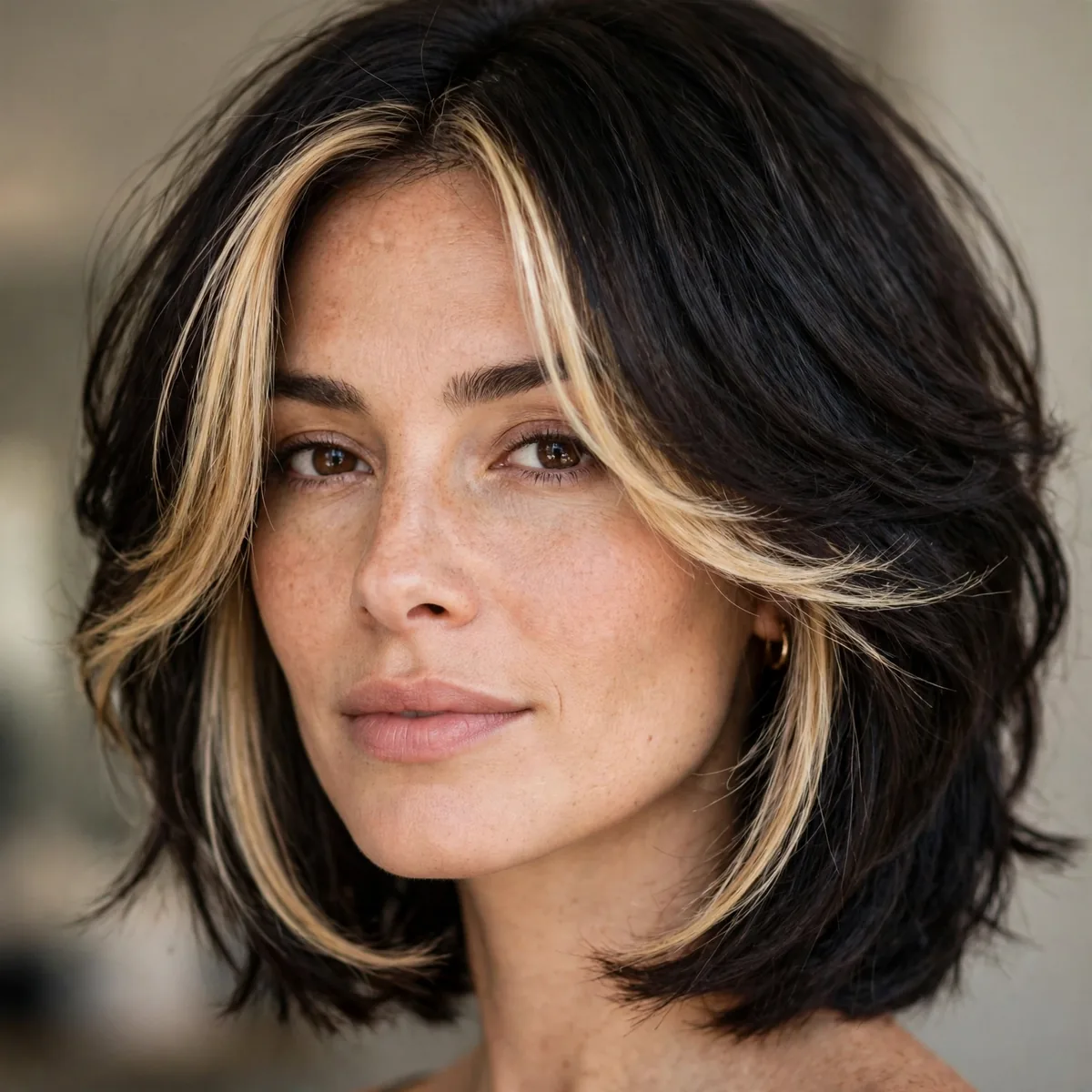 Layered long bob with blonde money piece highlights on thick dark hair