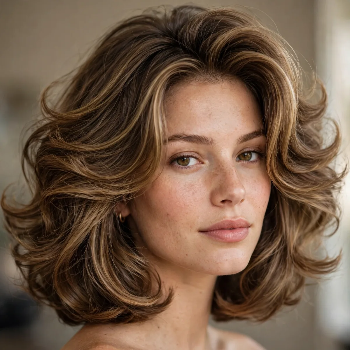 Bouncy blowout long bob with volume on thick hair