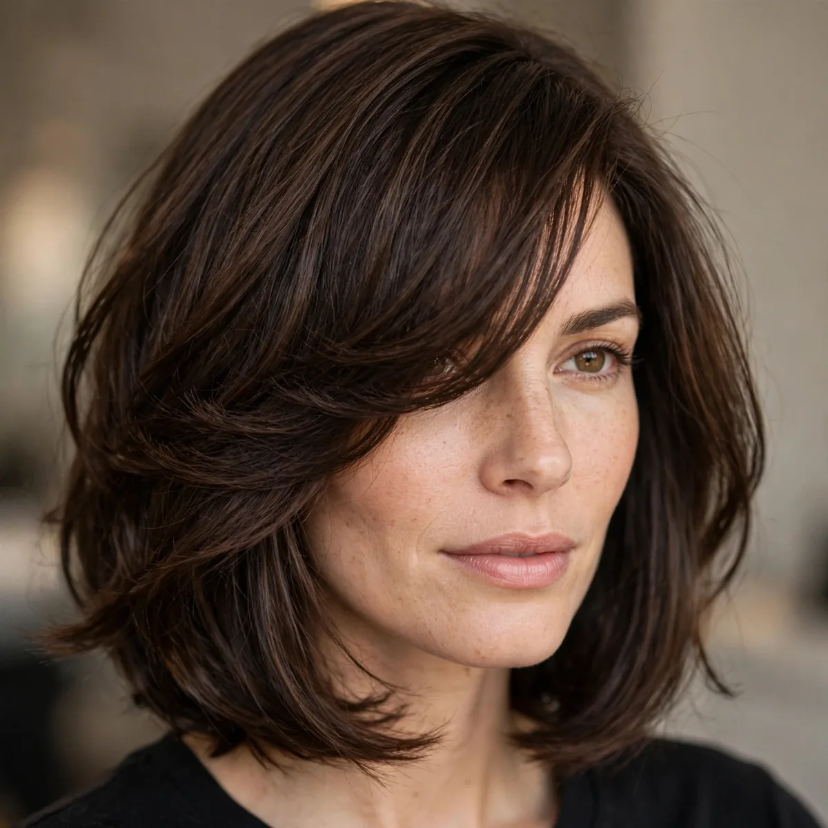 Long bob with long side swept bangs on thick hair
