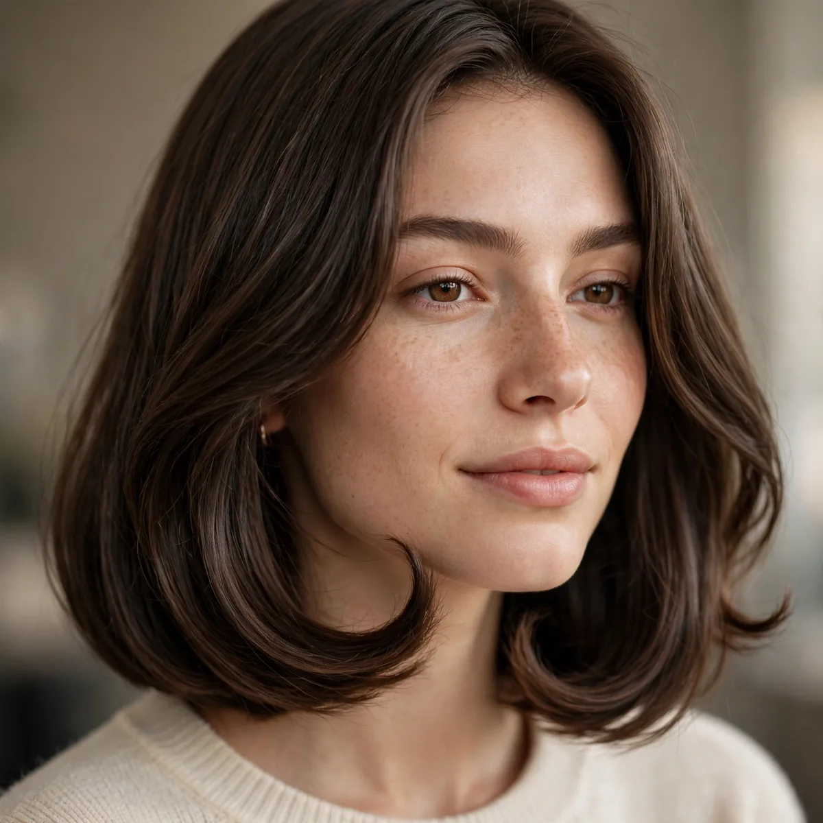 Long bob with ends curving inward in a C shape on thick hair