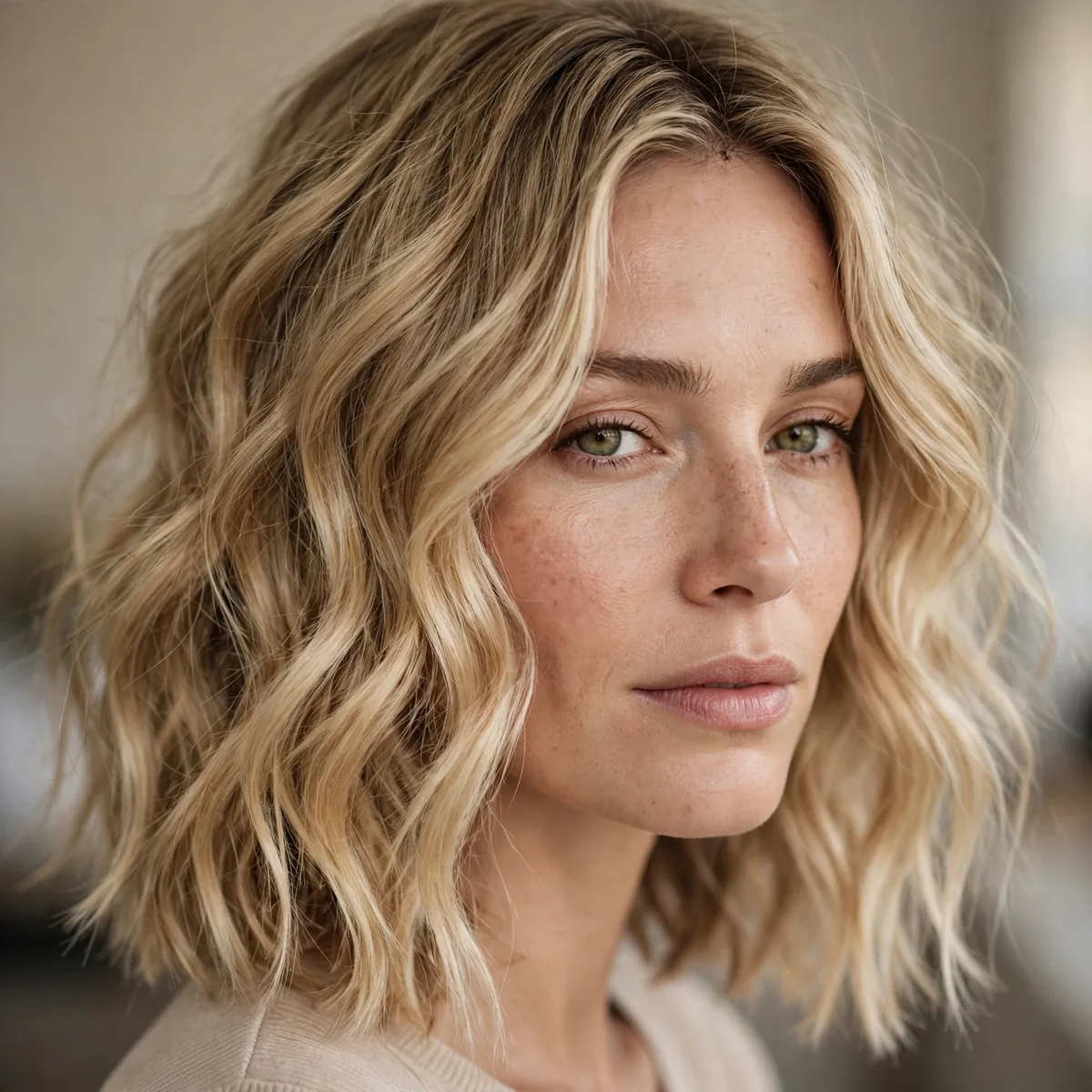 Beachy wavy long bob with thinned ends on thick blonde hair