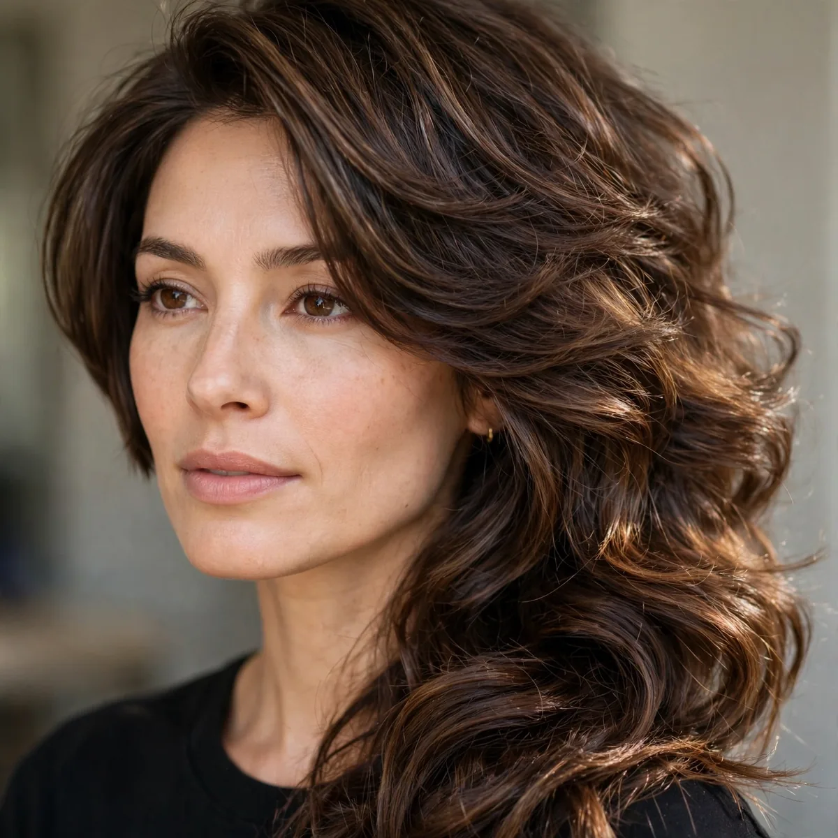 Asymmetrical long bob longer on one side on thick hair