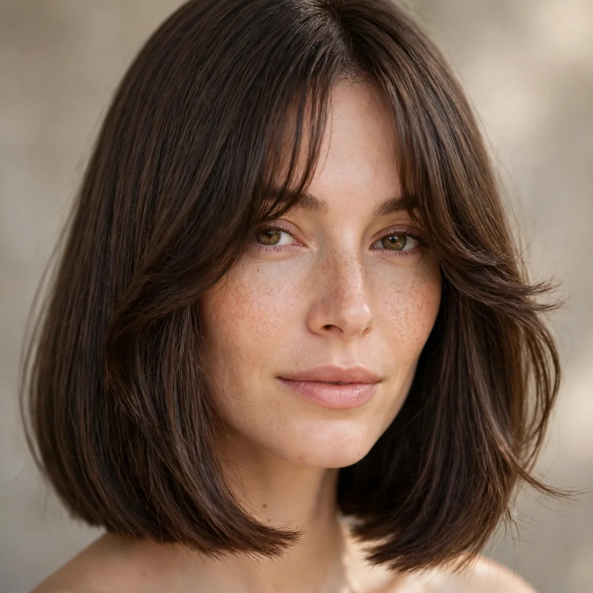 Long blunt bob paired with curtain fringe on thick hair