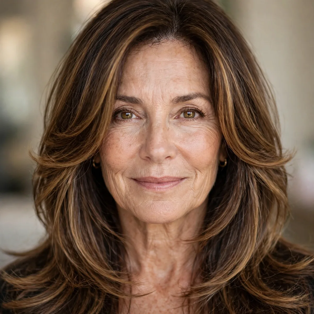 Long haircut with face-framing layers on mature woman
