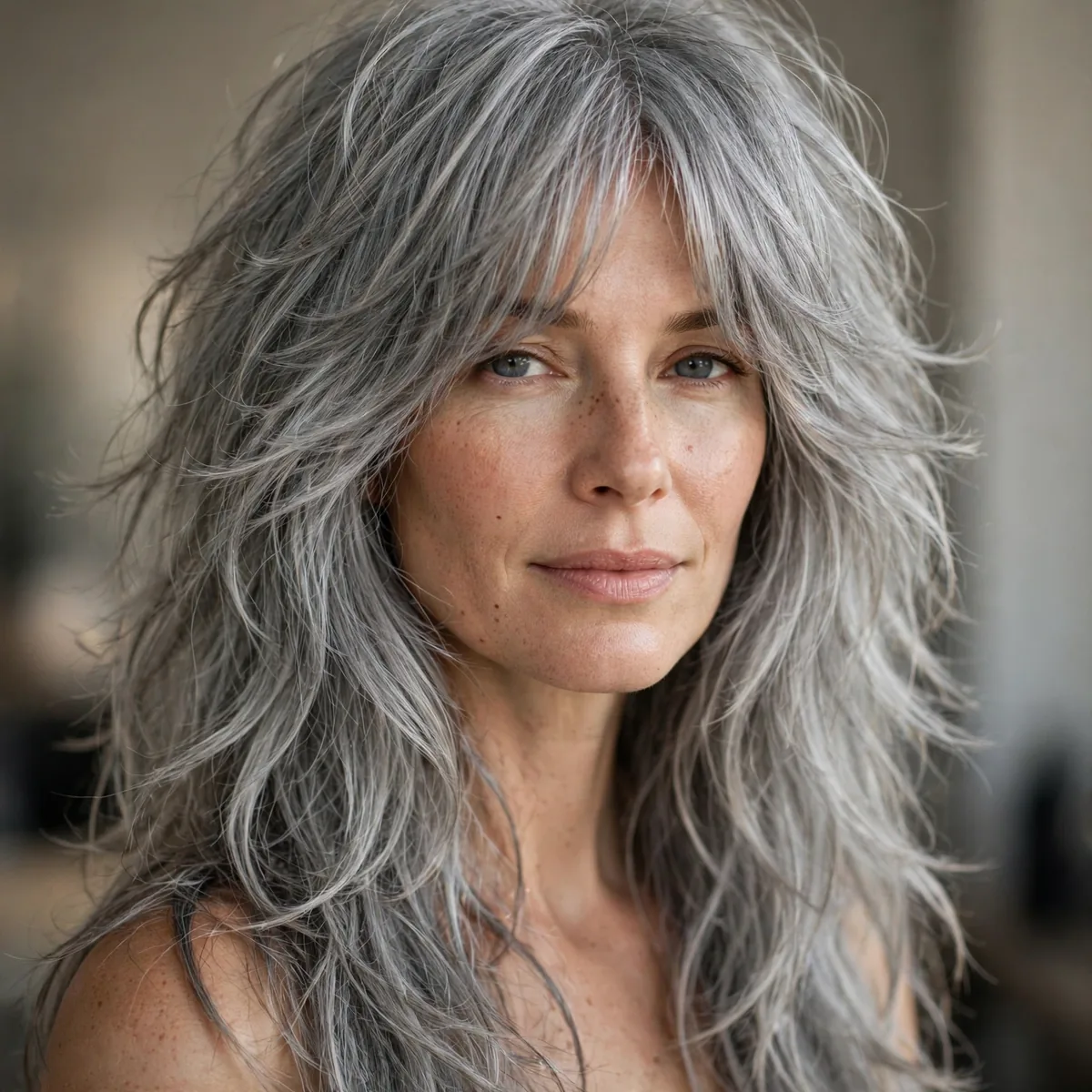 Long shag haircut on silver grey hair