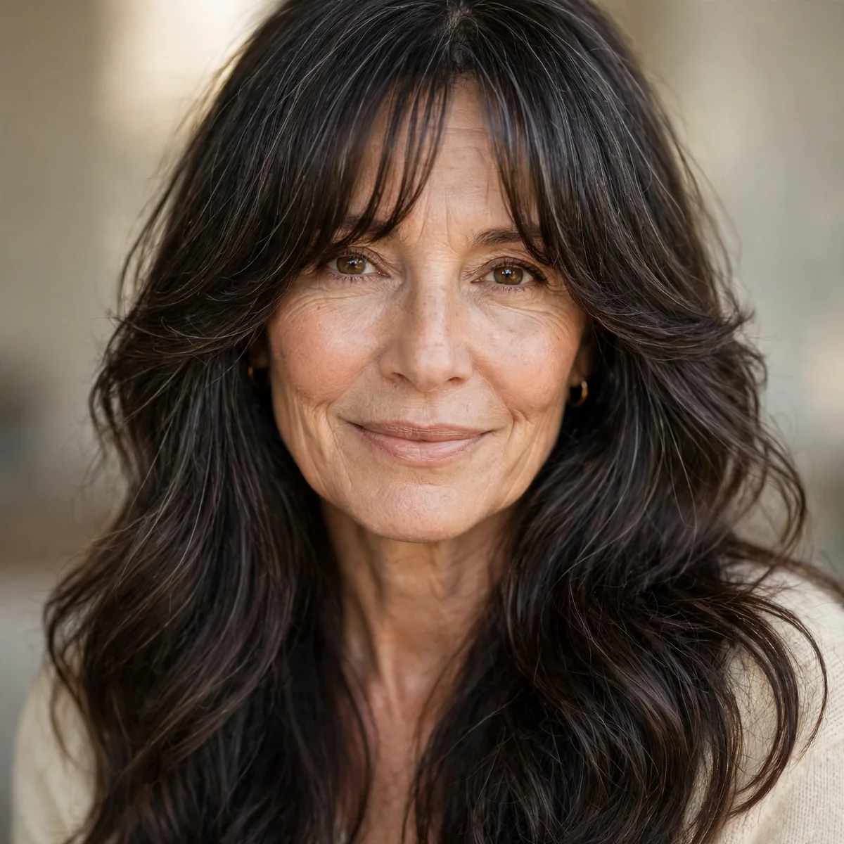 Long haircut with curtain bangs on woman over 50