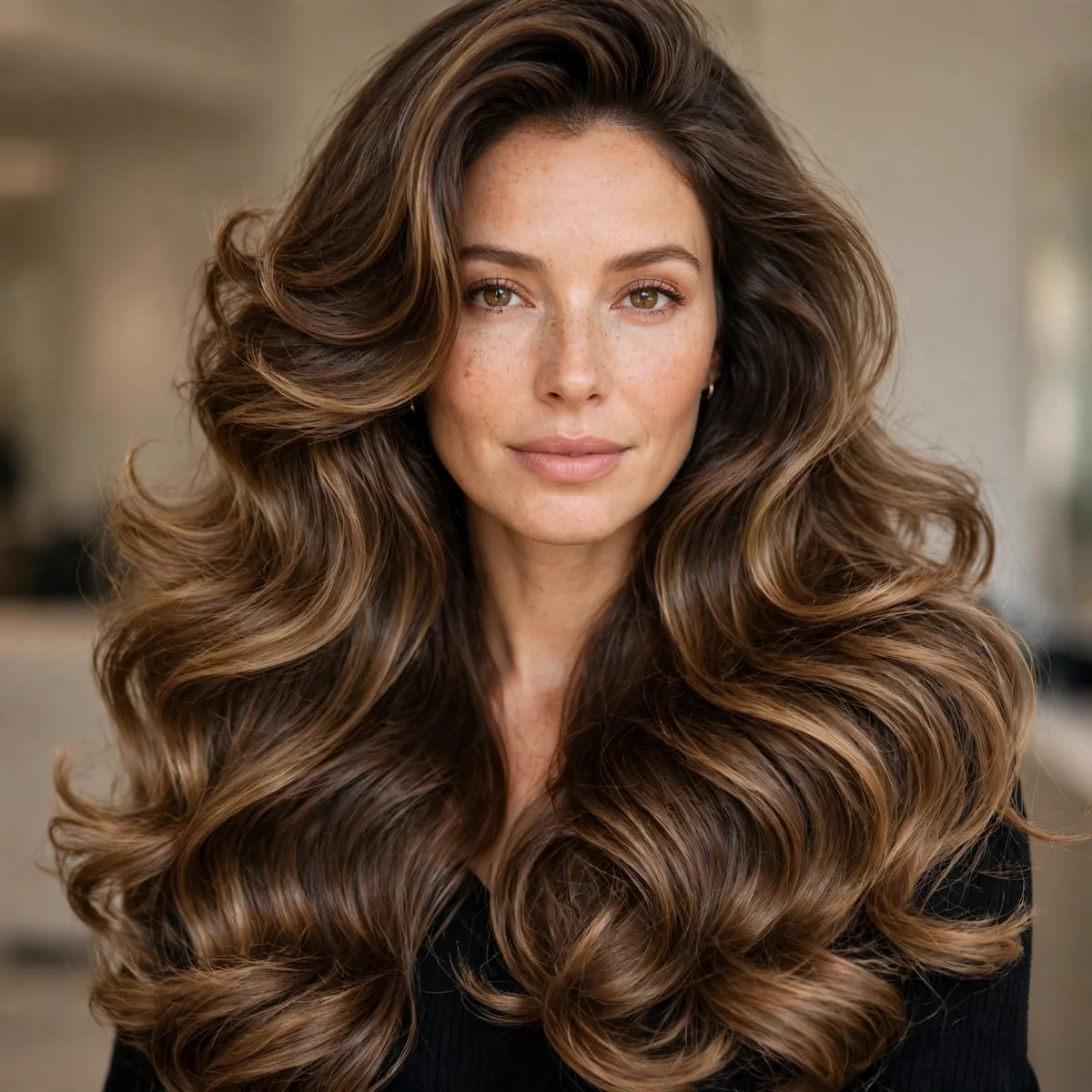 Long haircut styled in a bouncy blowout