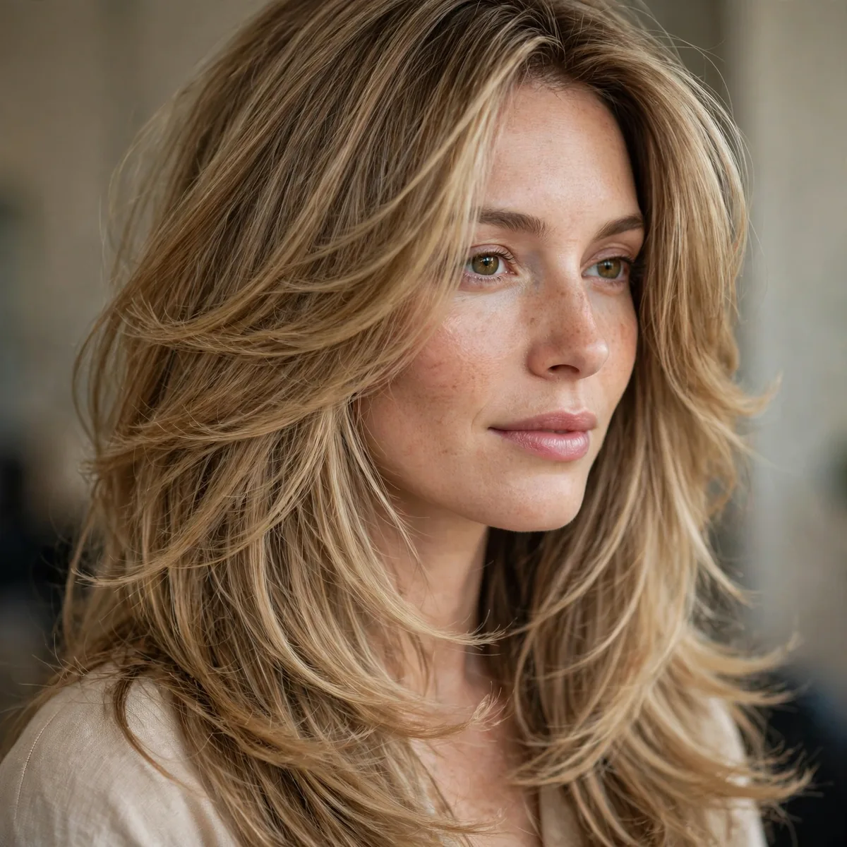 Long layered haircut adding fullness to fine hair
