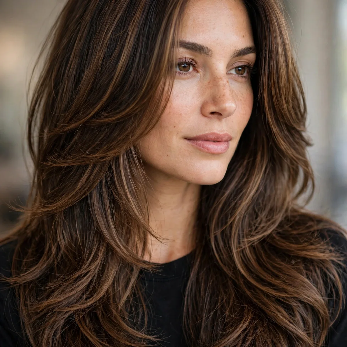 Long layered haircut removing weight from thick hair