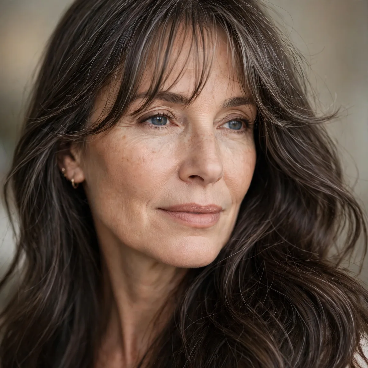 Long hair with wispy bangs on mature woman