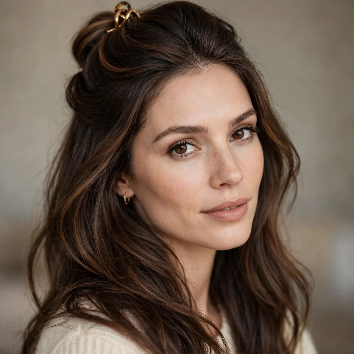 Long hair styled in elegant half-up hairstyle