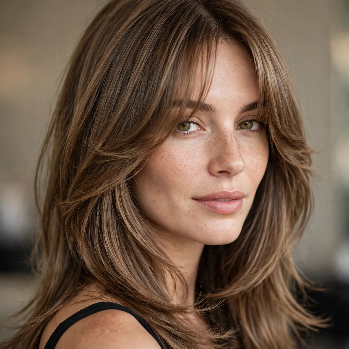 Long layered hair with curtain bangs