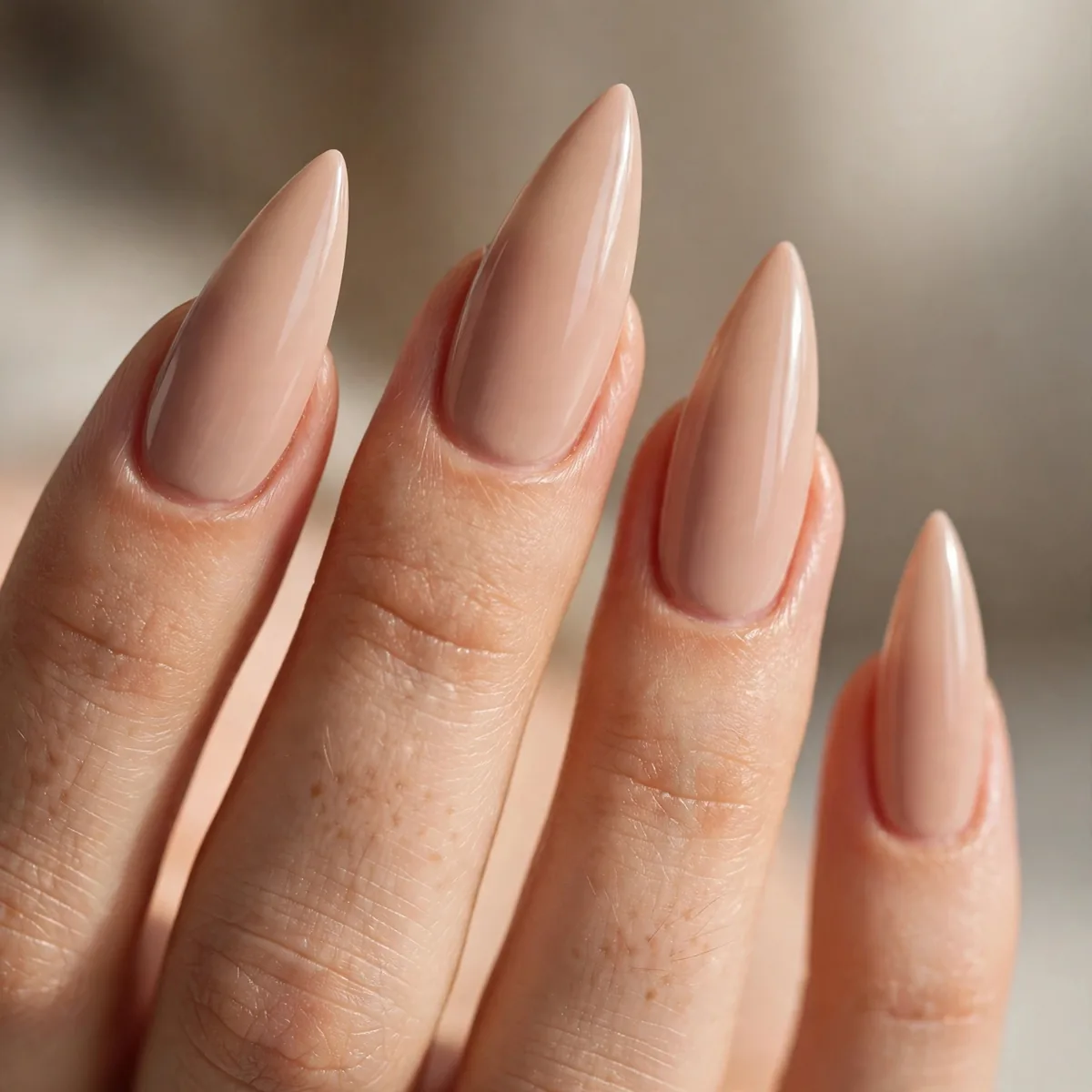 Nude polish on long stiletto nails
