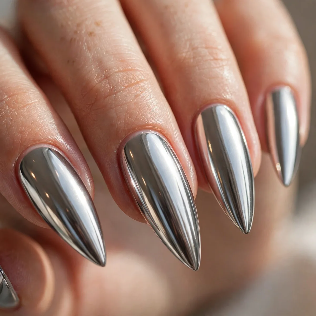 Mirror chrome stiletto nails