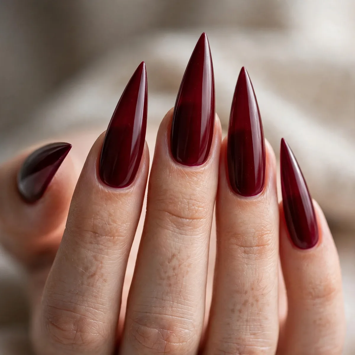 Burgundy polish on long stiletto nails