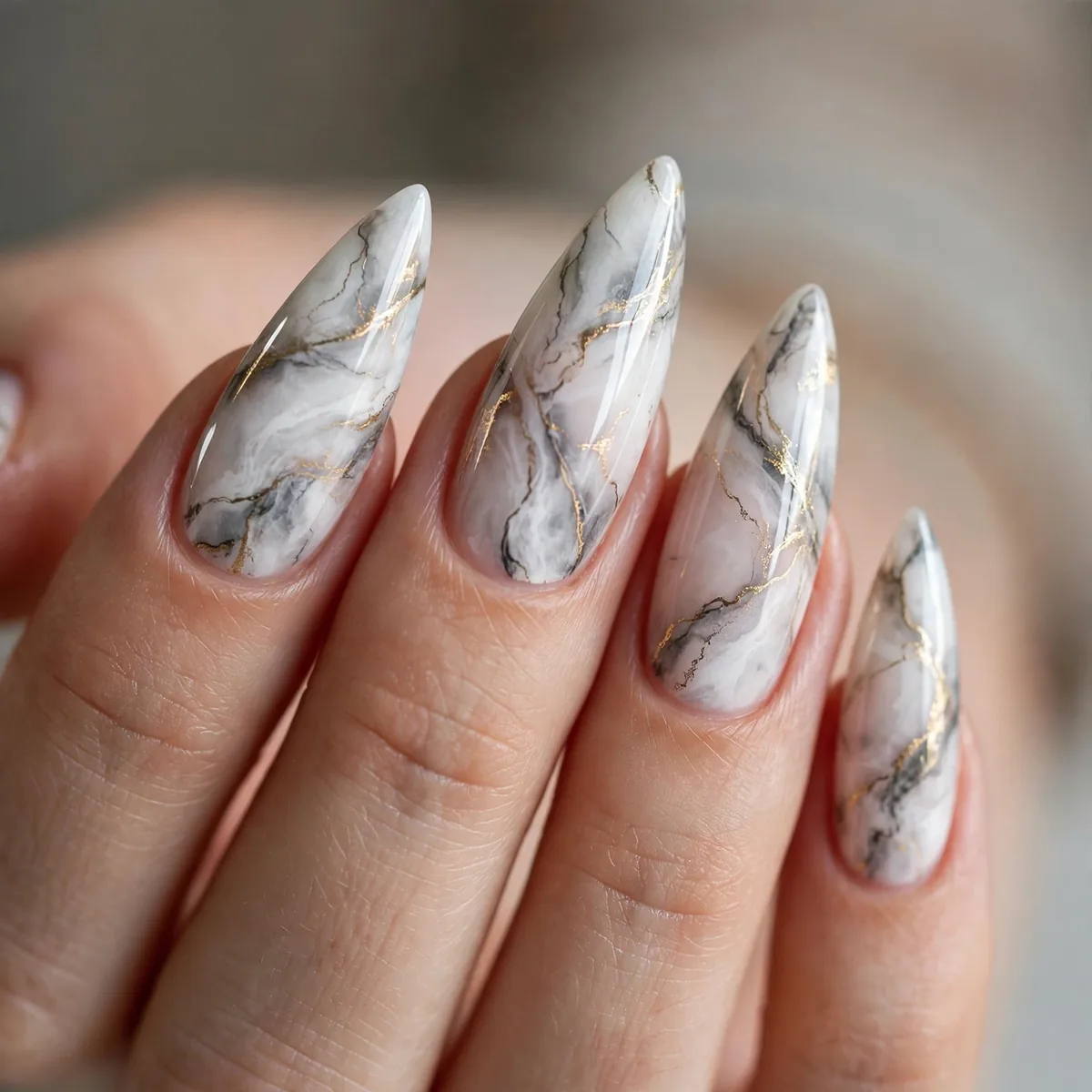 Marble nail art on stiletto nails
