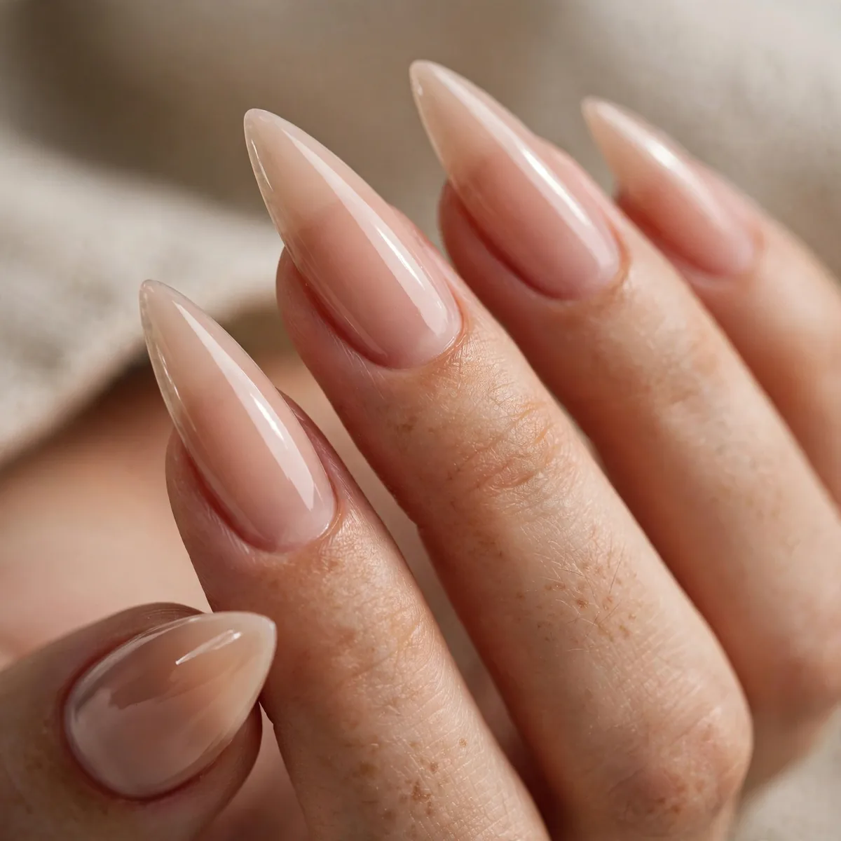 Natural glossy long stiletto nails