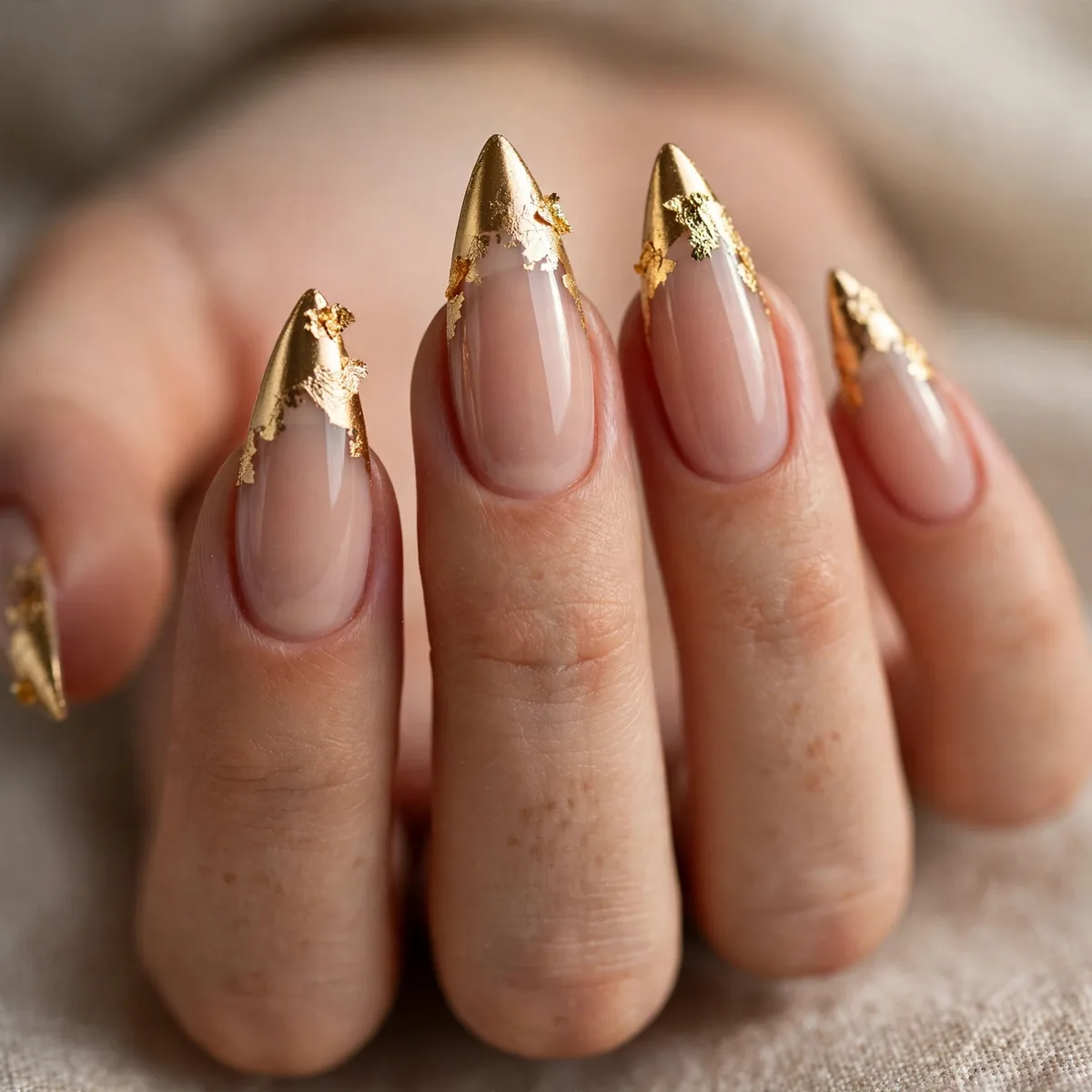 Gold foil tips on stiletto nails