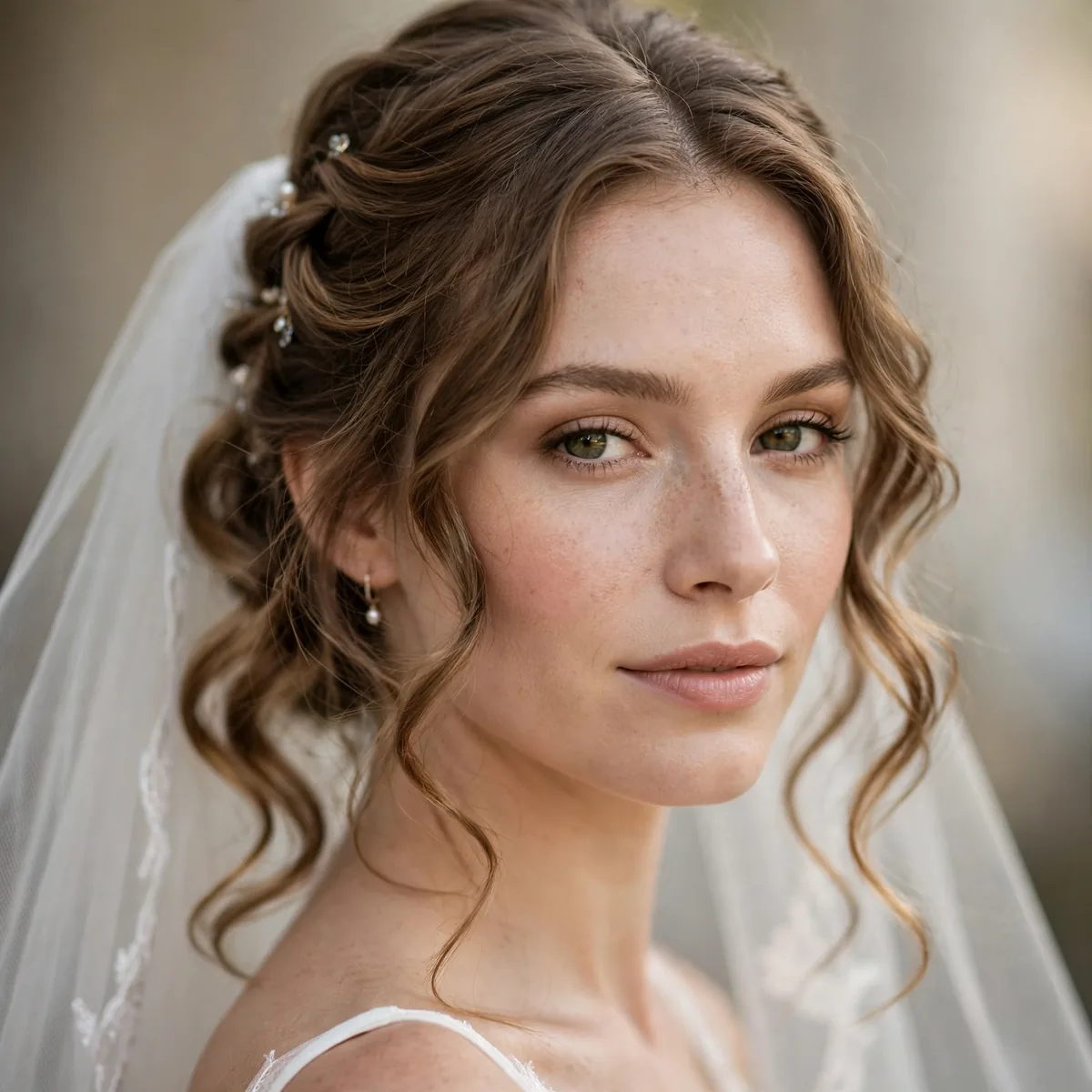Bride with half-up loose curls and veil