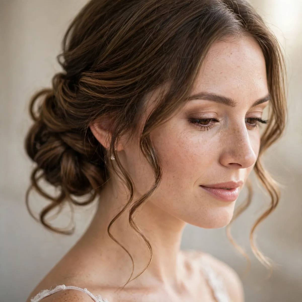 Low bridal chignon with loose curled ends