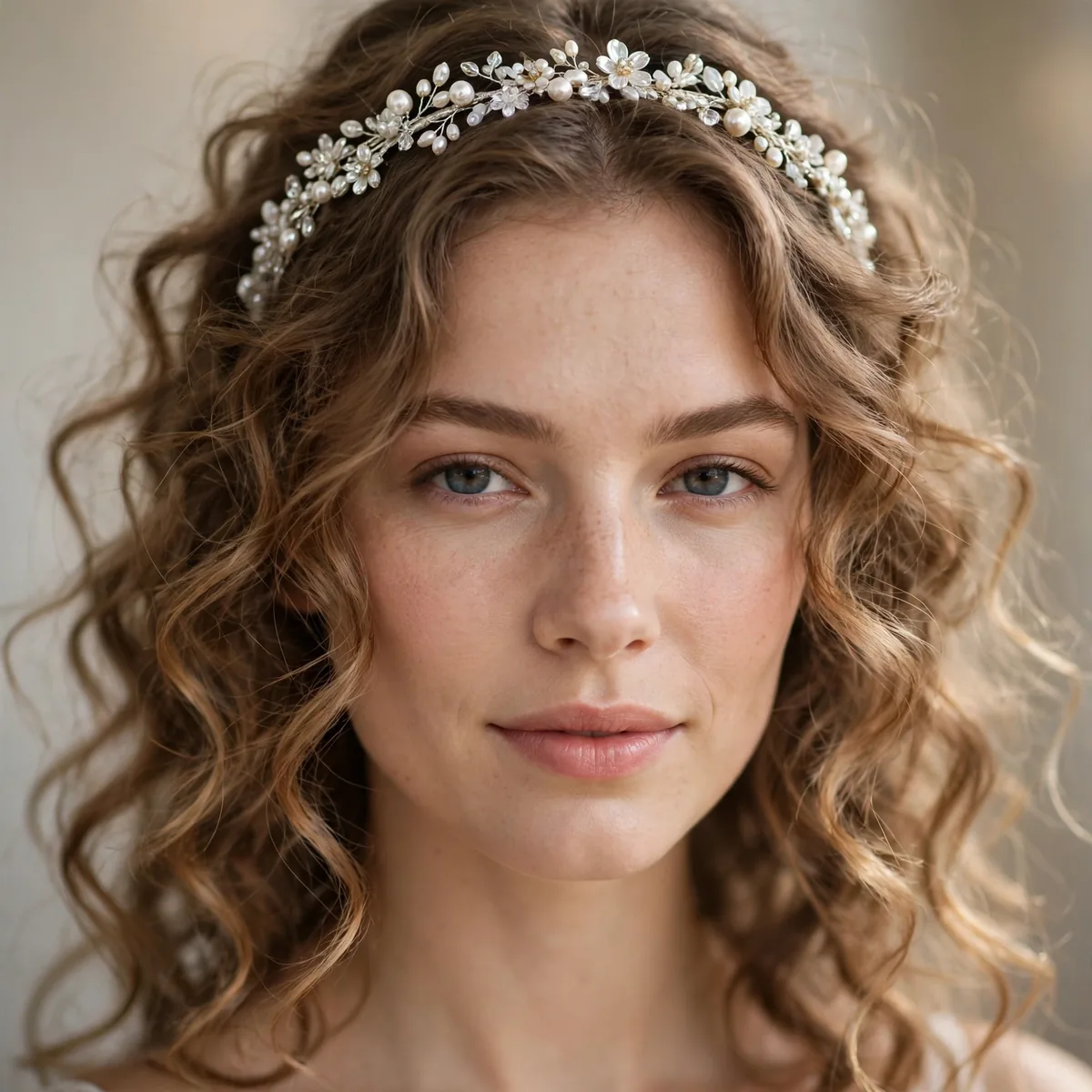 Bridal curls styled with an elegant headband