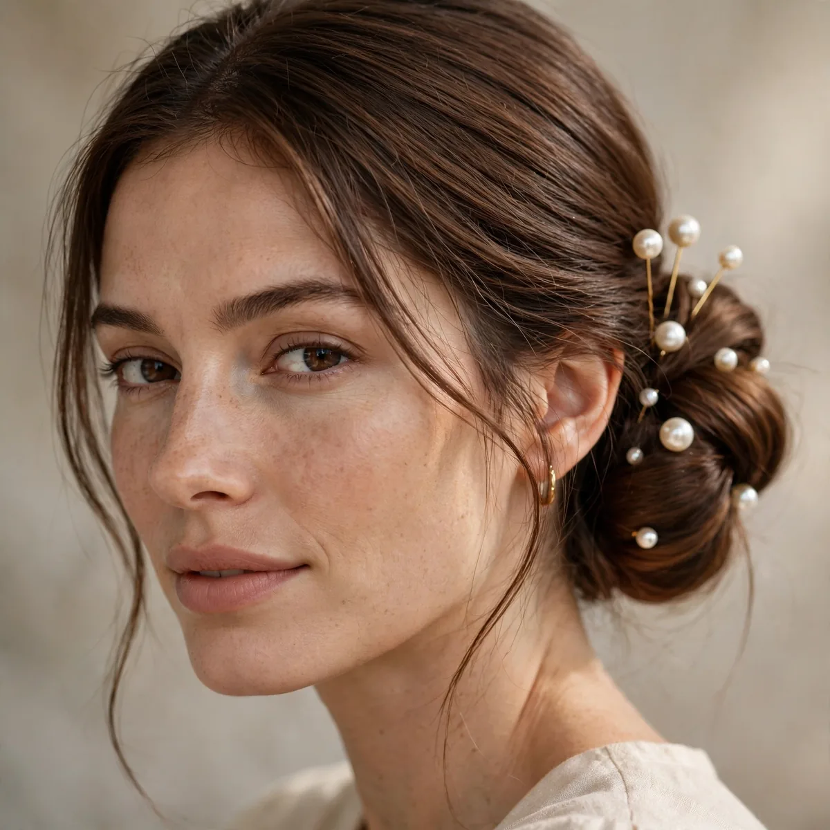 Low bun decorated with pearl hair pins