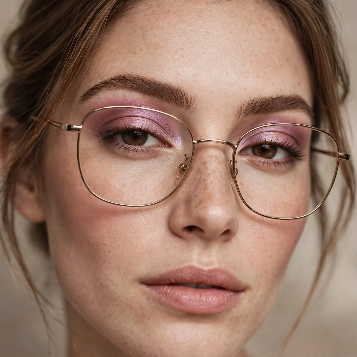Eyeshadow visible above glasses frames