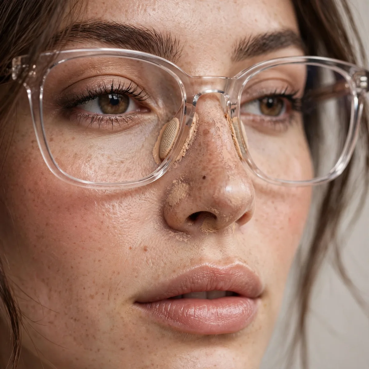 Foundation set around glasses nose pads