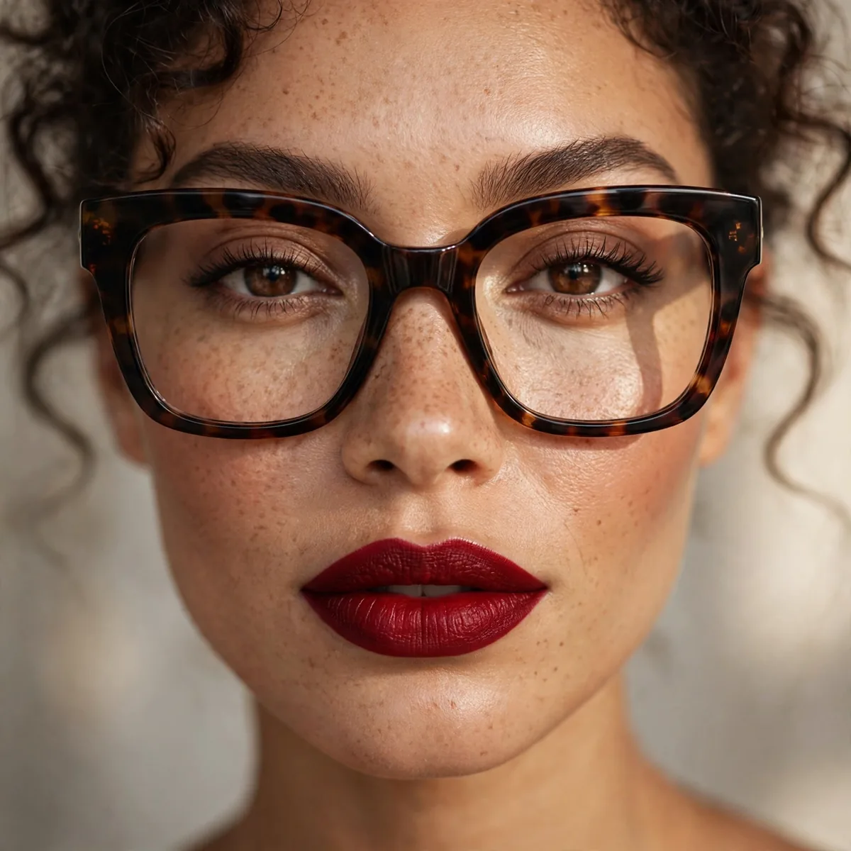 Bold lip with statement glasses