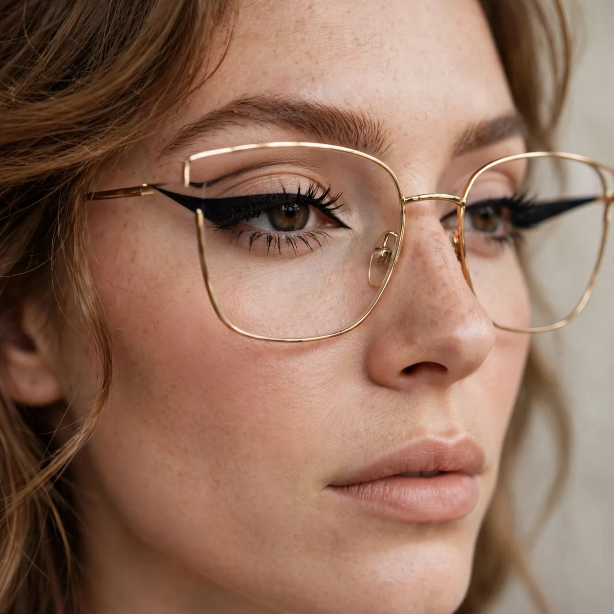 Winged eyeliner visible past glasses