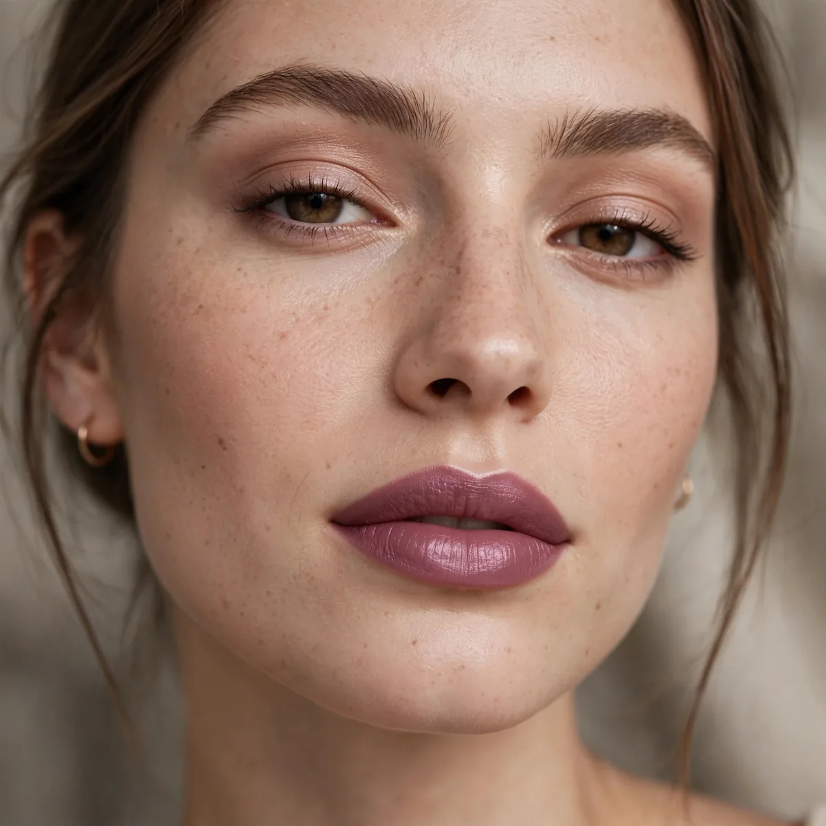 Satin mauve lipstick look