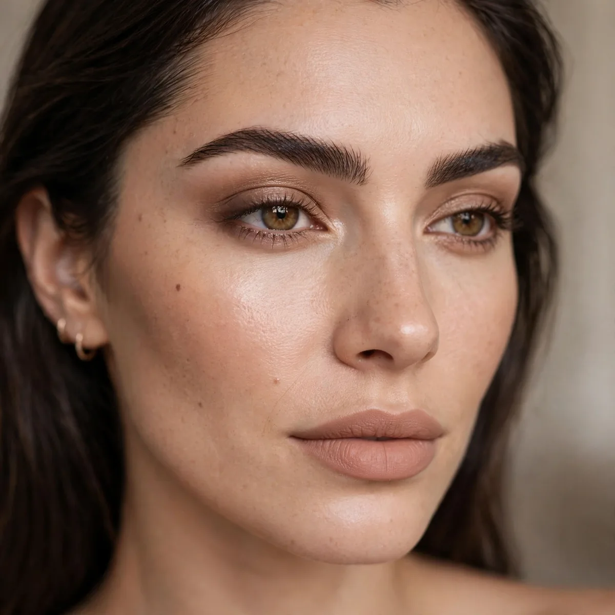 Defined eyebrows with nude lips makeup