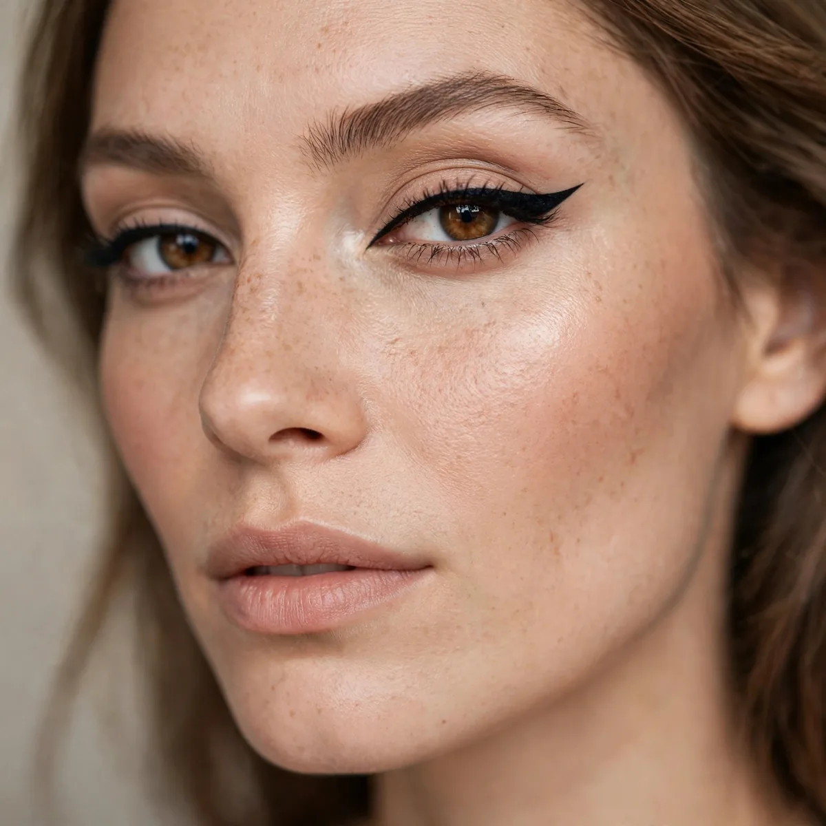 Cat eye eyeliner with bare lips