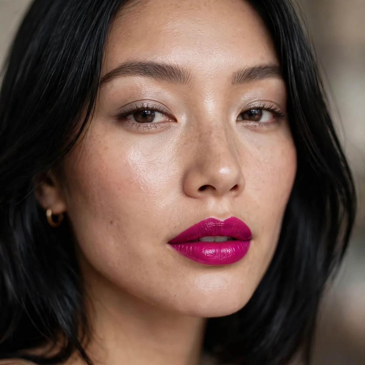Fuchsia lipstick with black hair