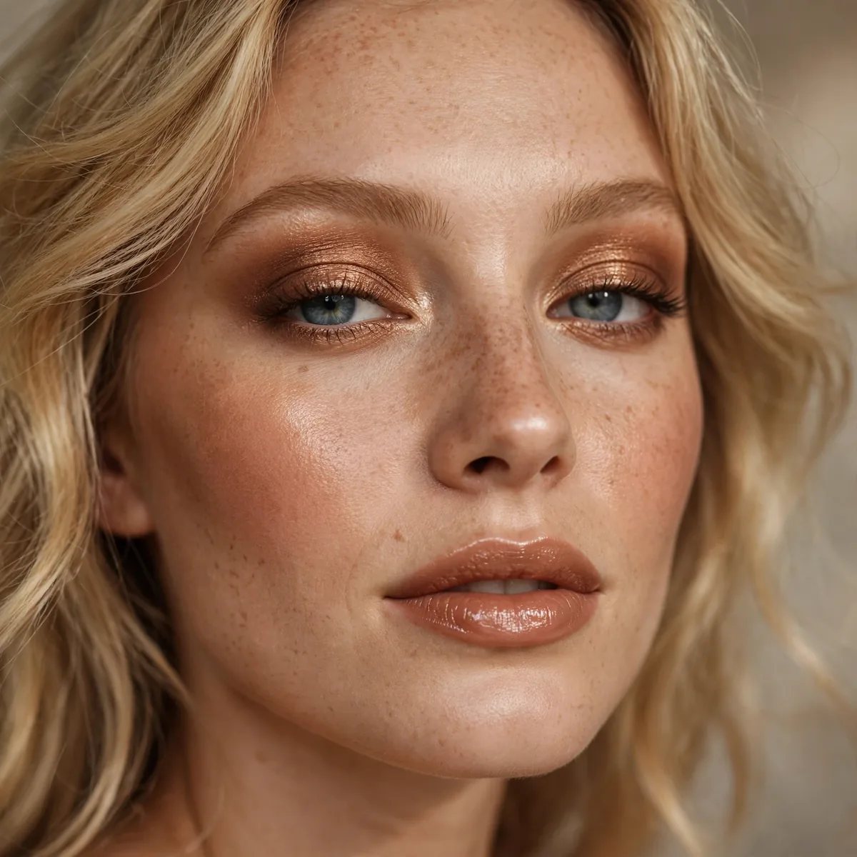 Warm bronze glow makeup with blonde hair