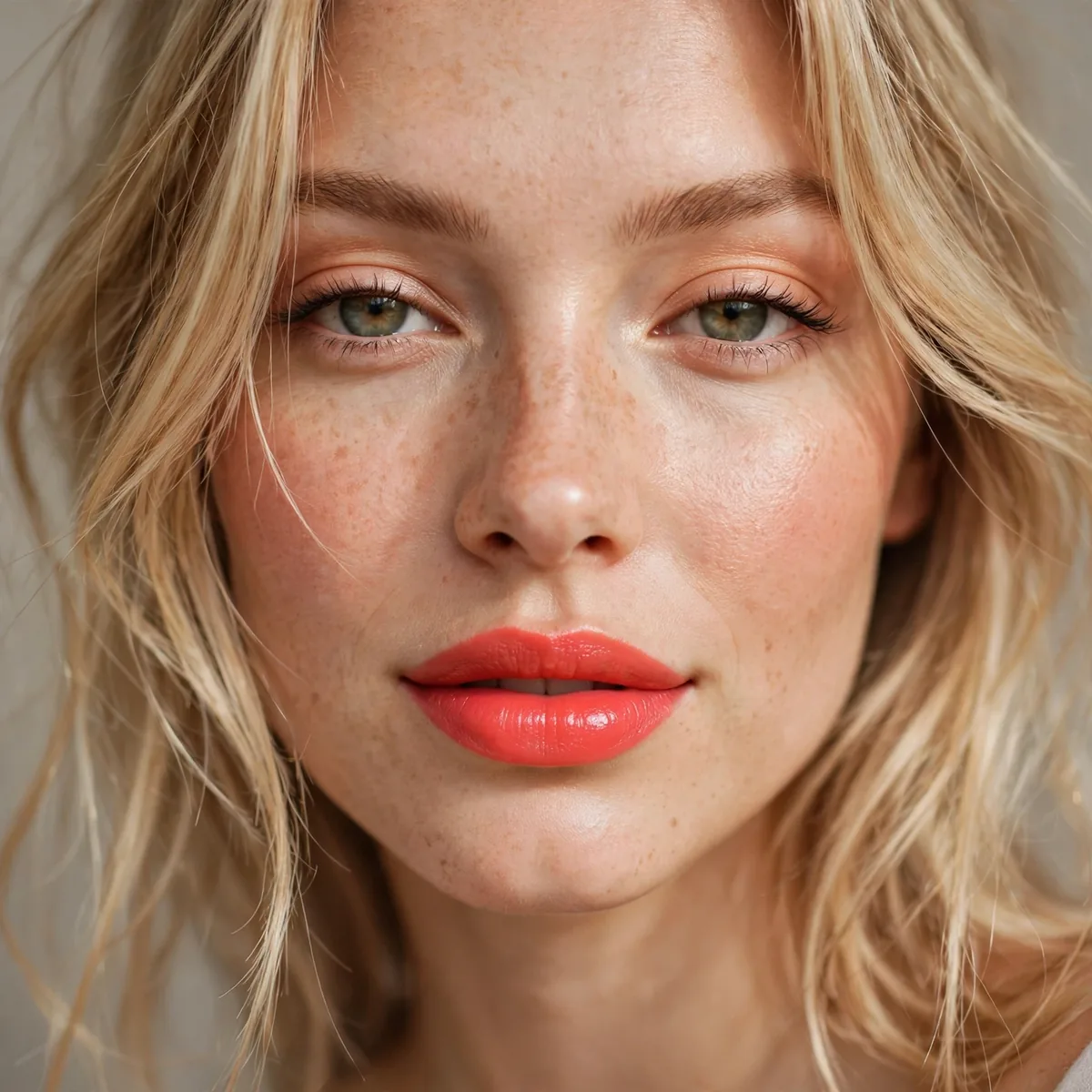 Coral lipstick with blonde hair