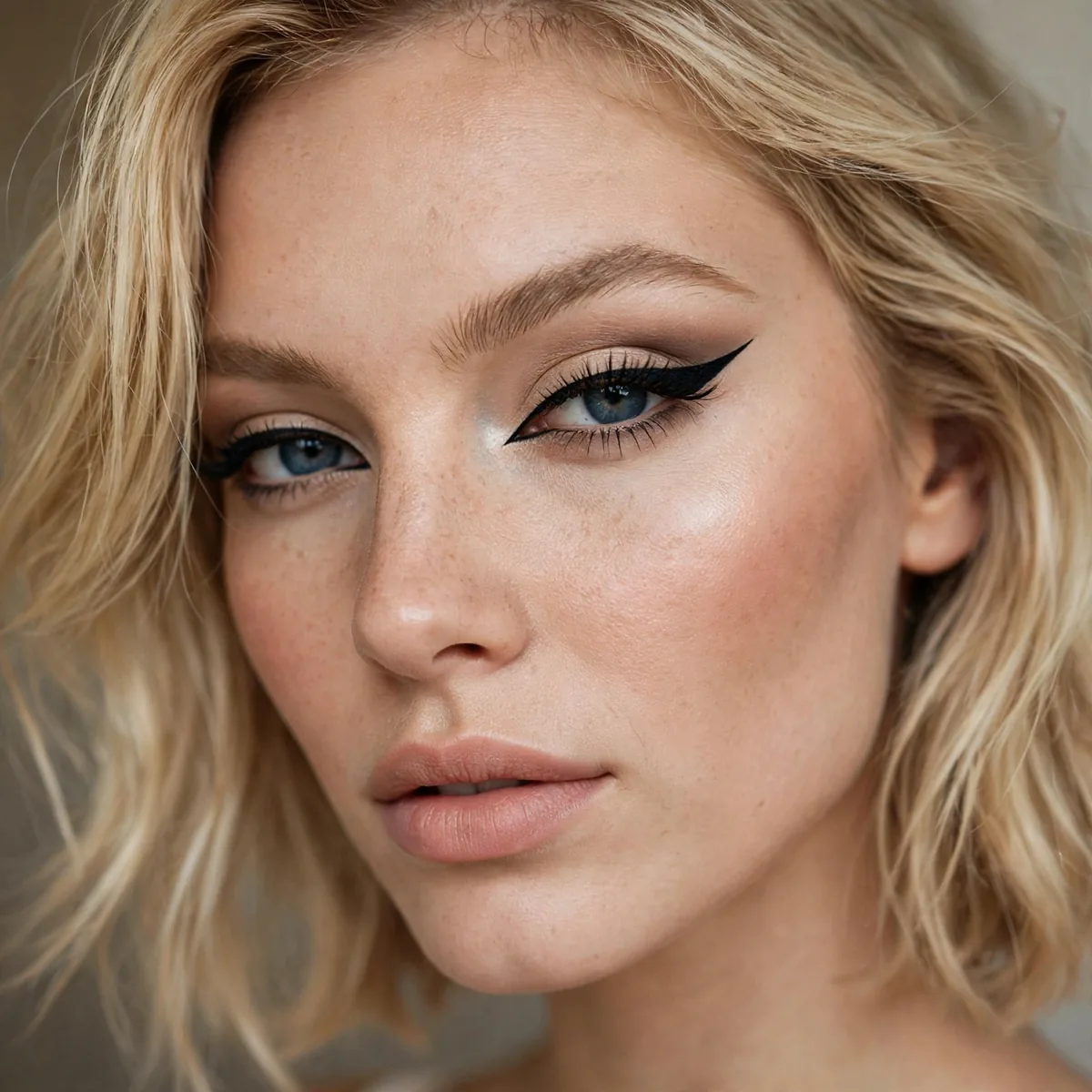 Winged eyeliner with blonde hair
