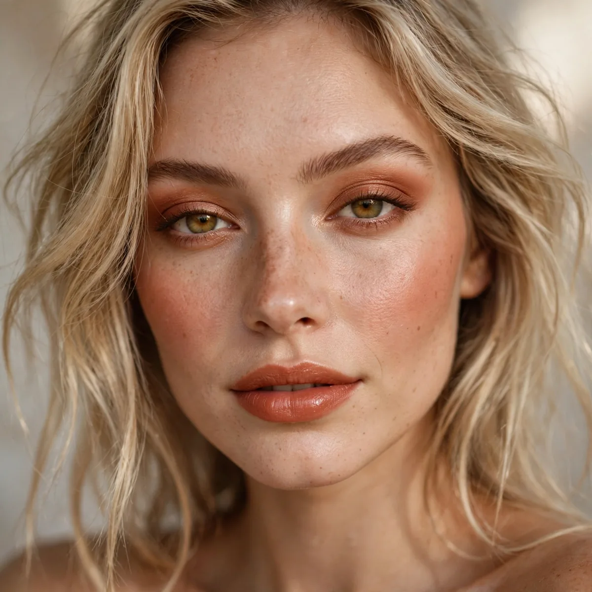 Terracotta warm makeup with blonde hair