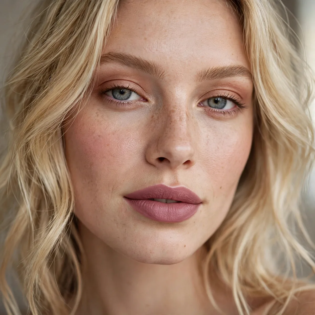 Mauve lipstick with blonde hair
