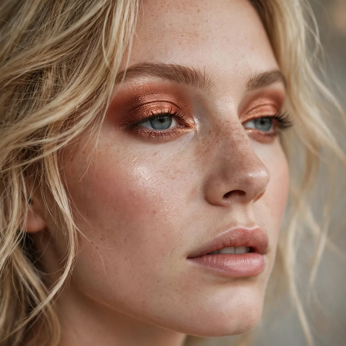 Copper eyeshadow accent with blonde hair