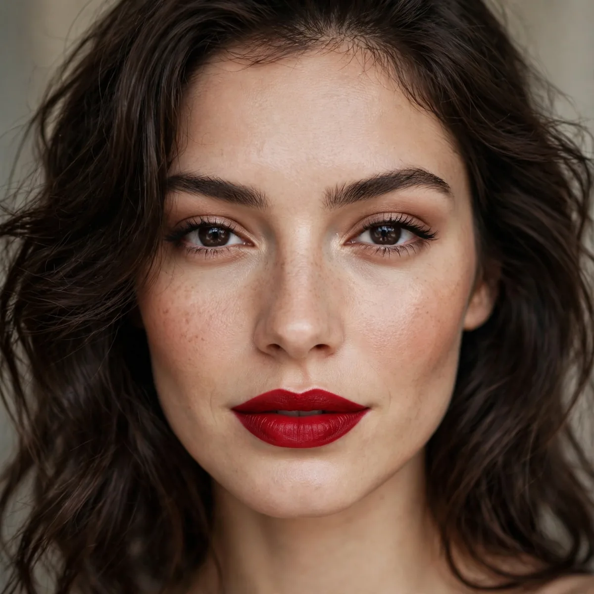 Classic red lipstick with brunette hair