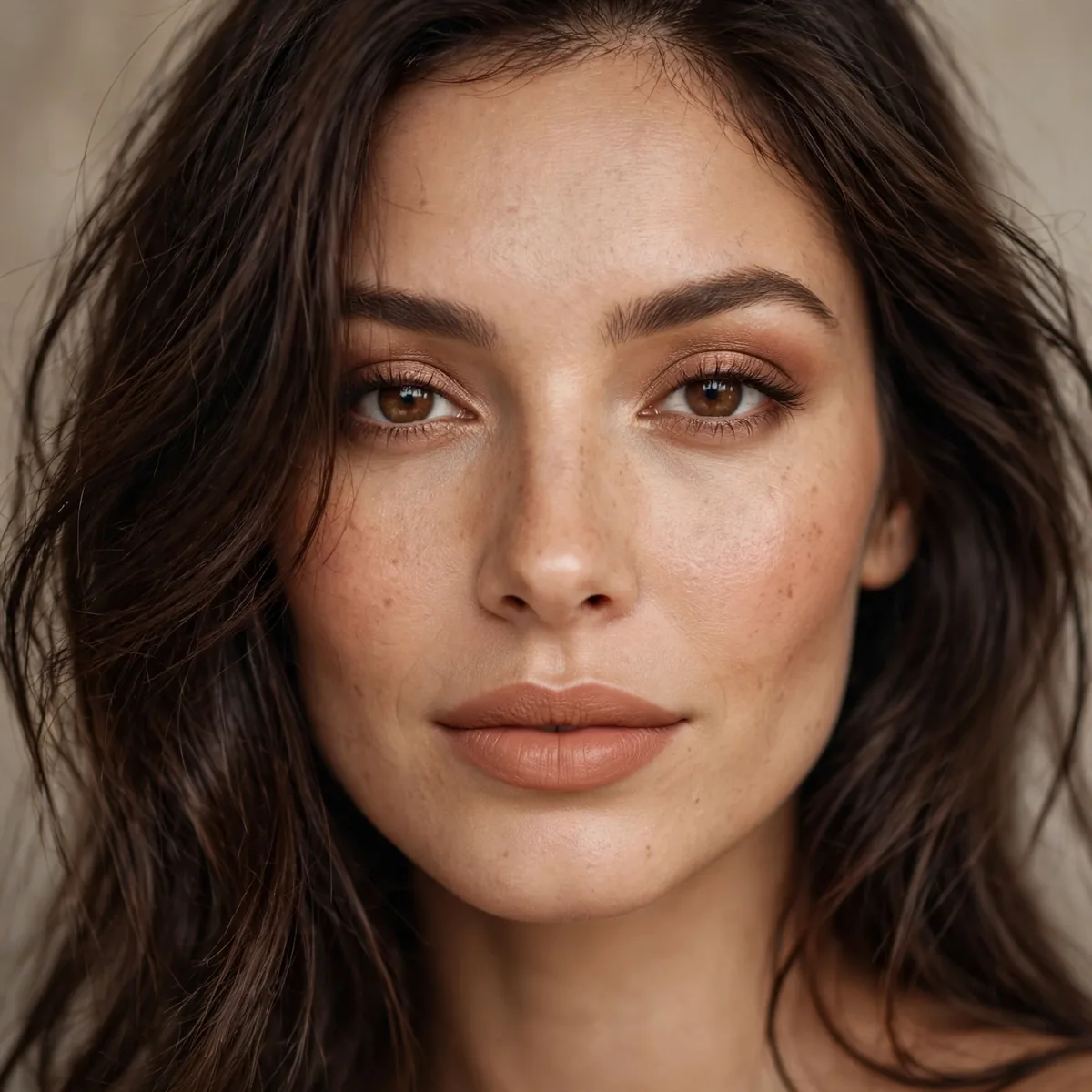 Warm nude lipstick with brunette hair
