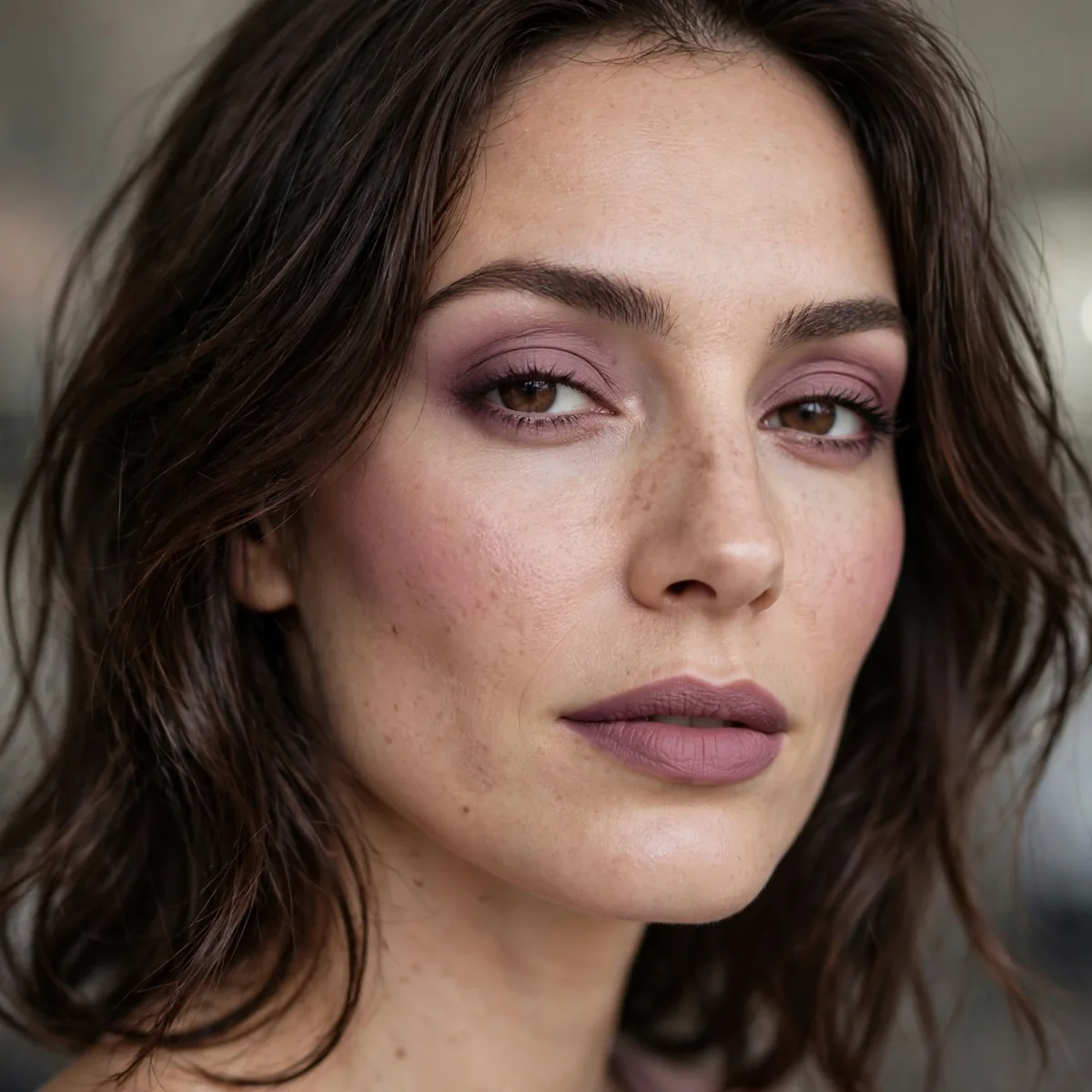 Mauve monochromatic makeup with brunette hair