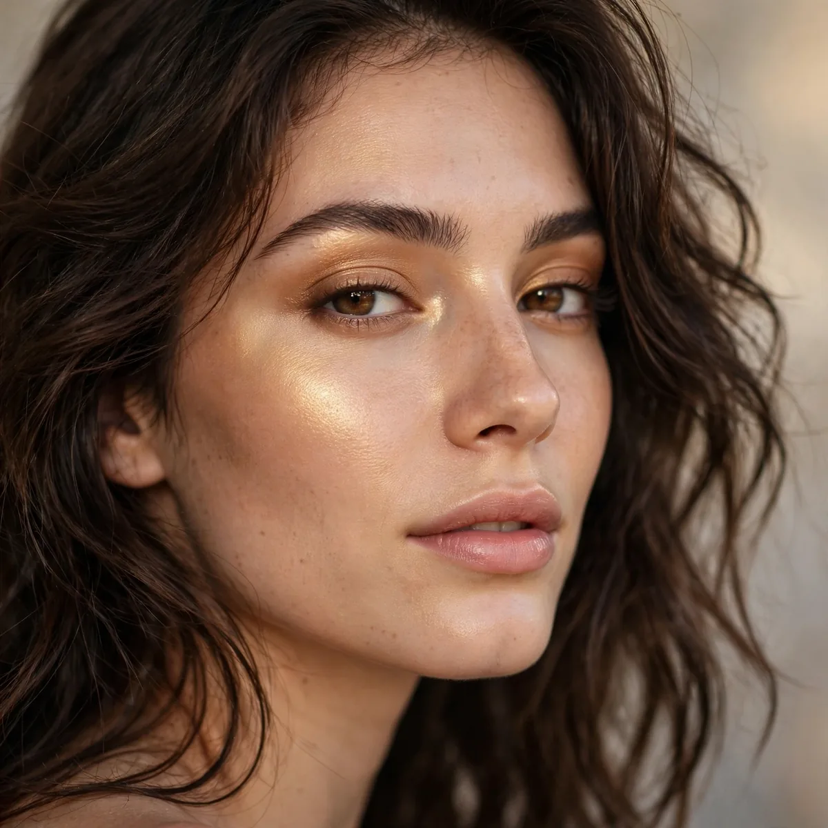 Golden highlighter glow with brunette hair