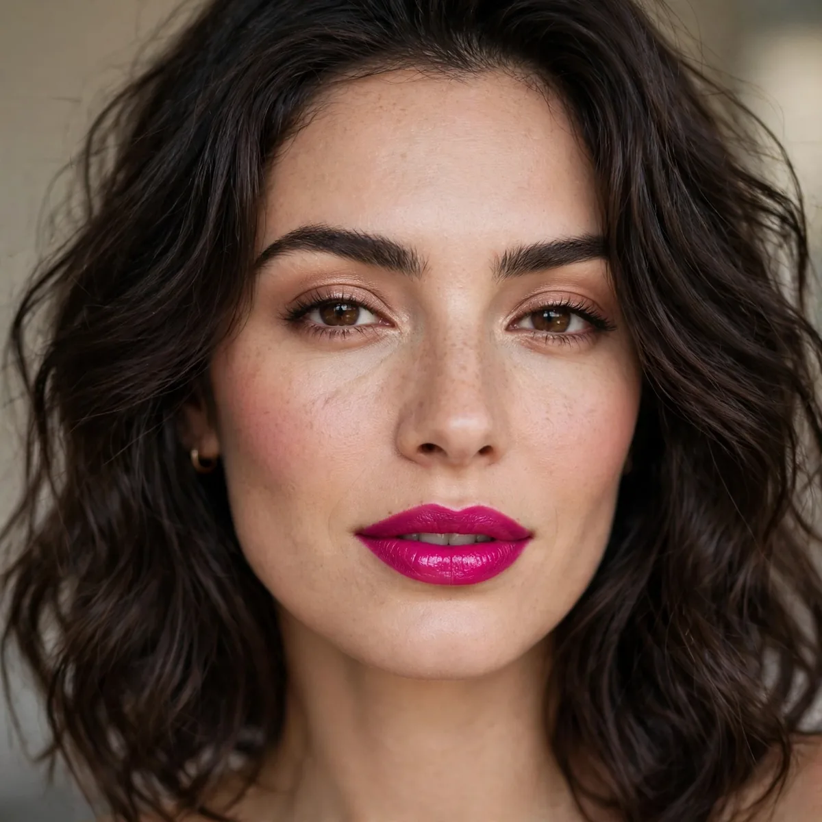 Fuchsia lipstick with brunette hair