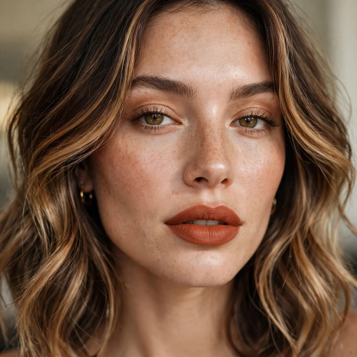 Terracotta lipstick with caramel balayage