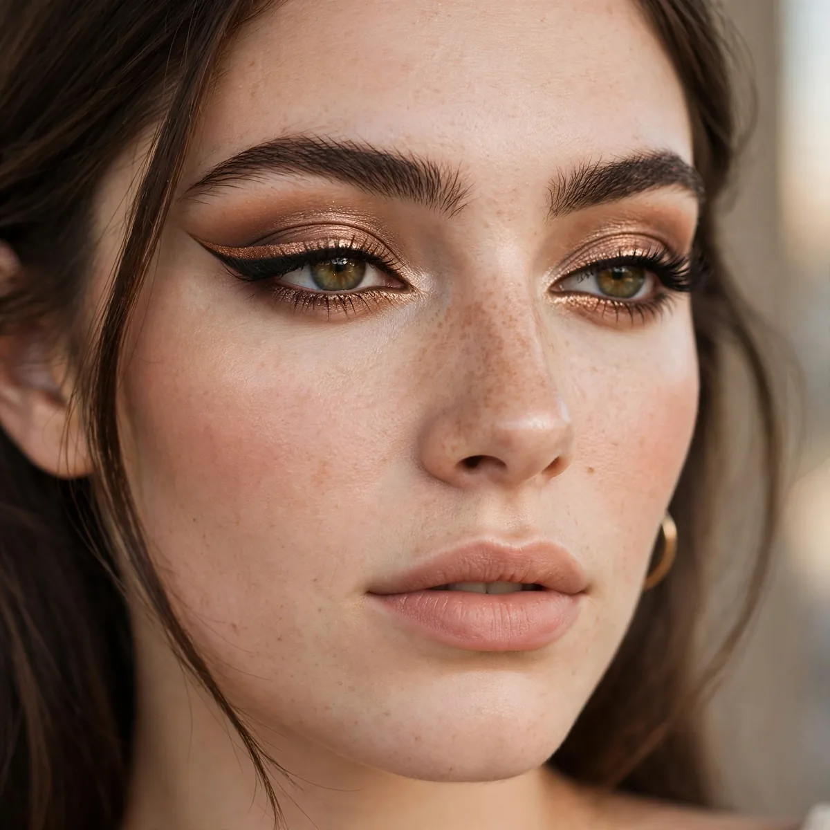 Bronze winged eyeliner look